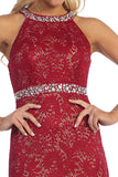 Halter Jeweled Neck and Waist Fit and Flare Lace Prom Gown Wine