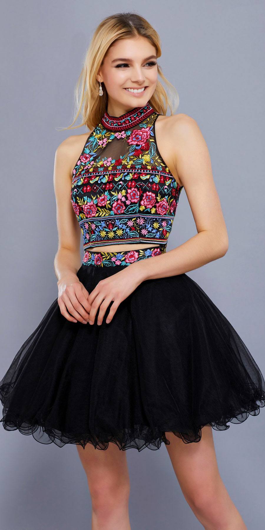 Black Embroidered Crop Top Two-Piece Homecoming Dress Keyhole Back