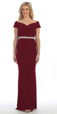 Celavie 6292 Burgundy Off Shoulder Evening Gown Appliqued Waist