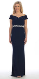 Celavie 6292 Navy Off Shoulder Evening Gown Appliqued Waist