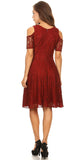 Burgundy Lace A-Line Wedding Guest Dress Cold Shoulder Short Sleeves