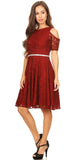 Burgundy Lace A-Line Wedding Guest Dress Cold Shoulder Short Sleeves