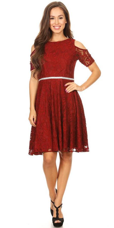 Celavie 6307 Burgundy Lace A-Line Wedding Guest Dress Cold Shoulder Short Sleeves