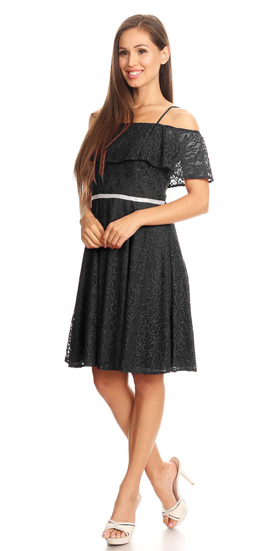 Celavie 6317 Ruffled Off Shoulder Lace A-Line Wedding Guest Dress Black