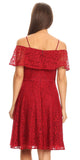 Ruffled Off Shoulder Lace A-Line Wedding Guest Dress Burgundy
