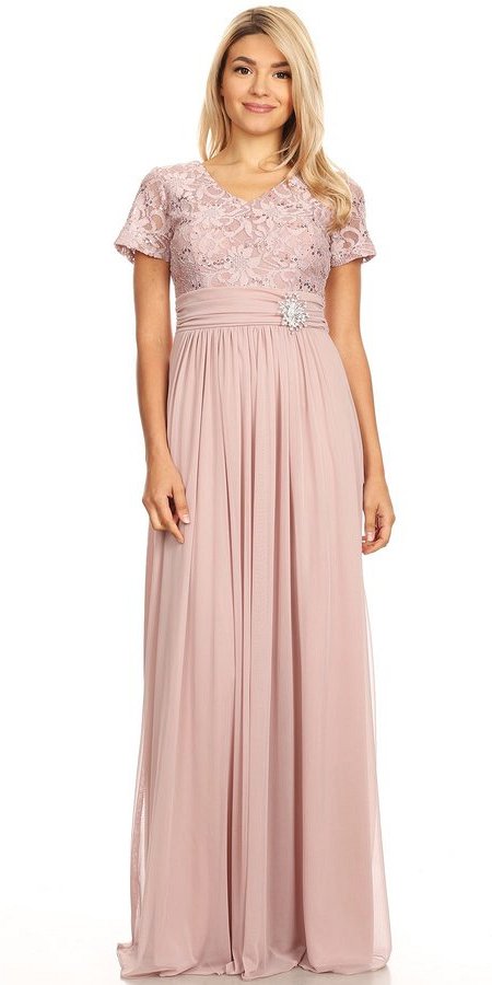 Celavie 6320L Mocha Short Sleeves Long Formal Dress Empire Waist