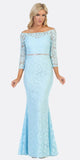 Celavie 6343L Off-Shoulder Long Sleeved Lace Formal Dress Baby Blue