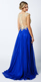 Juliet 636 Royal Blue Beaded Bodice Cap Sleeve Prom Gown with Slit and Train Back View