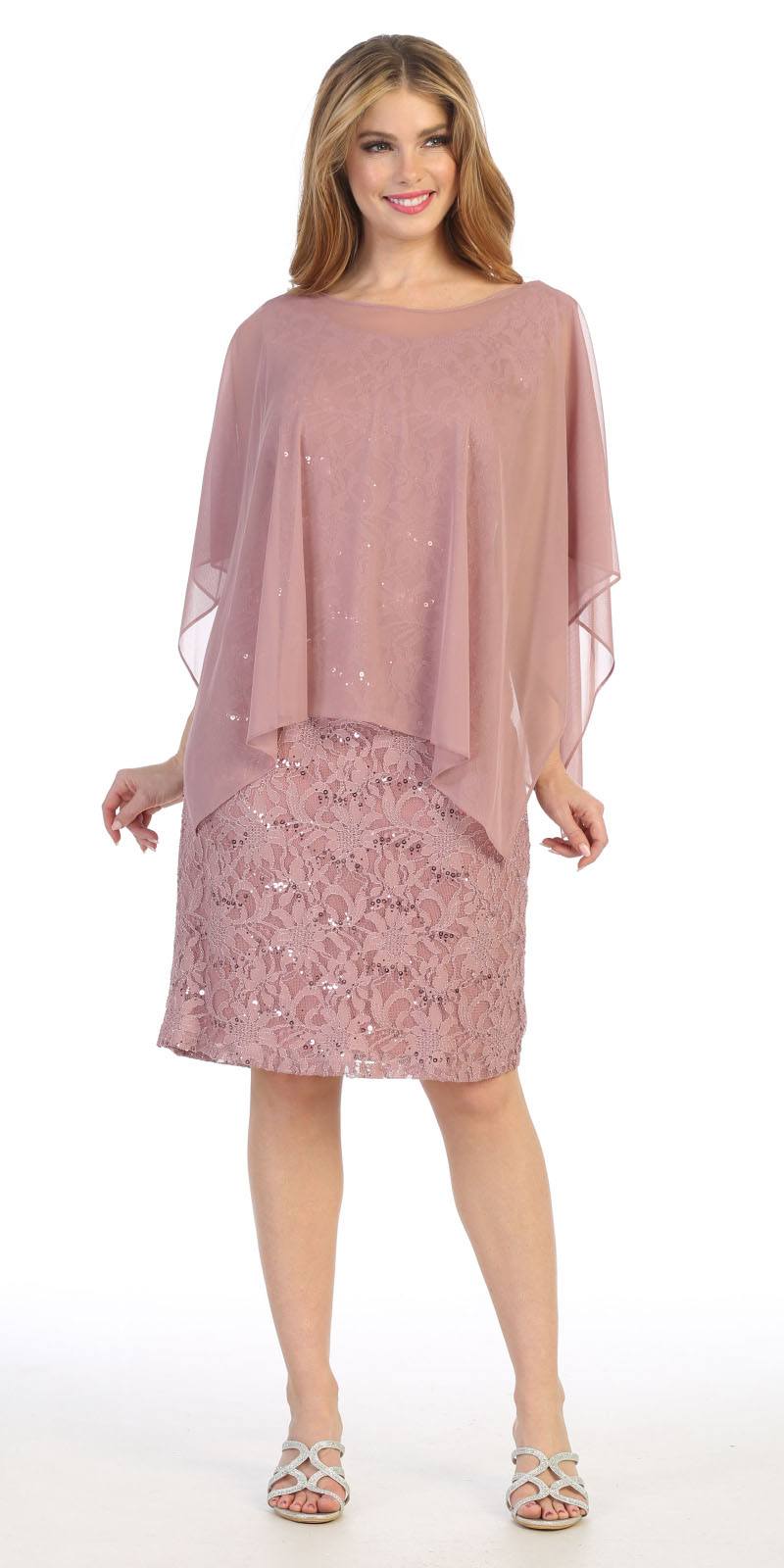 Celavie 6365 Short Lace Mauve Dress Semi-Formal With Poncho