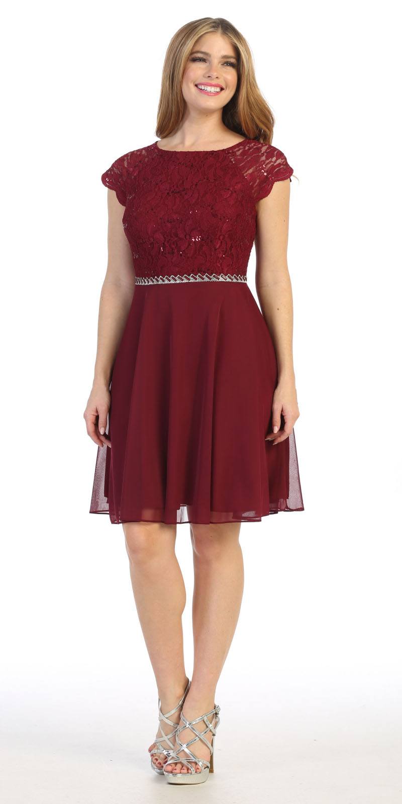 Celavie 6394-S Embellished Waist Short Wedding Guest Dress Burgundy