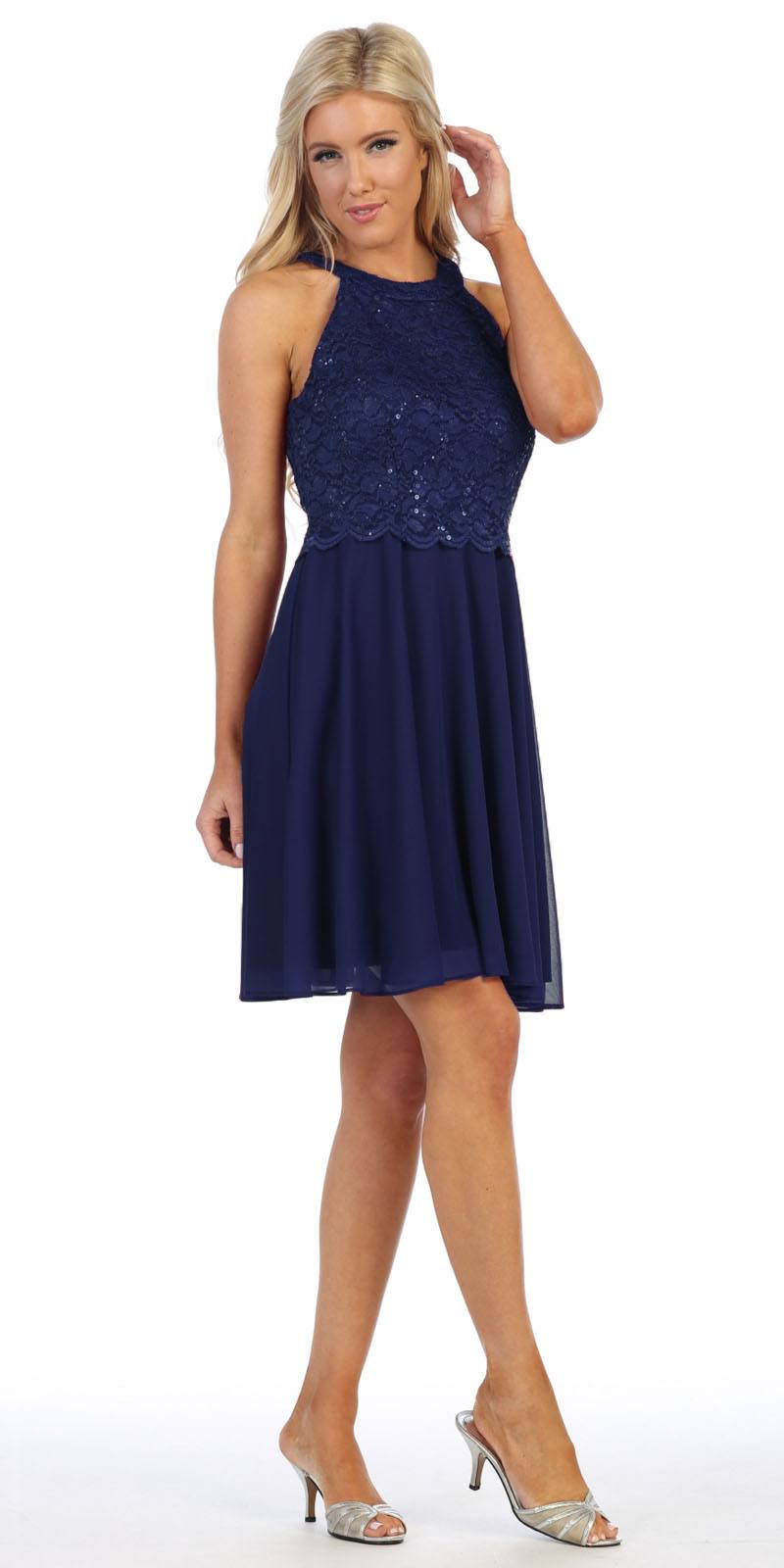 Celavie 6398 Halter Short A-Line Cocktail Dress Navy Blue
