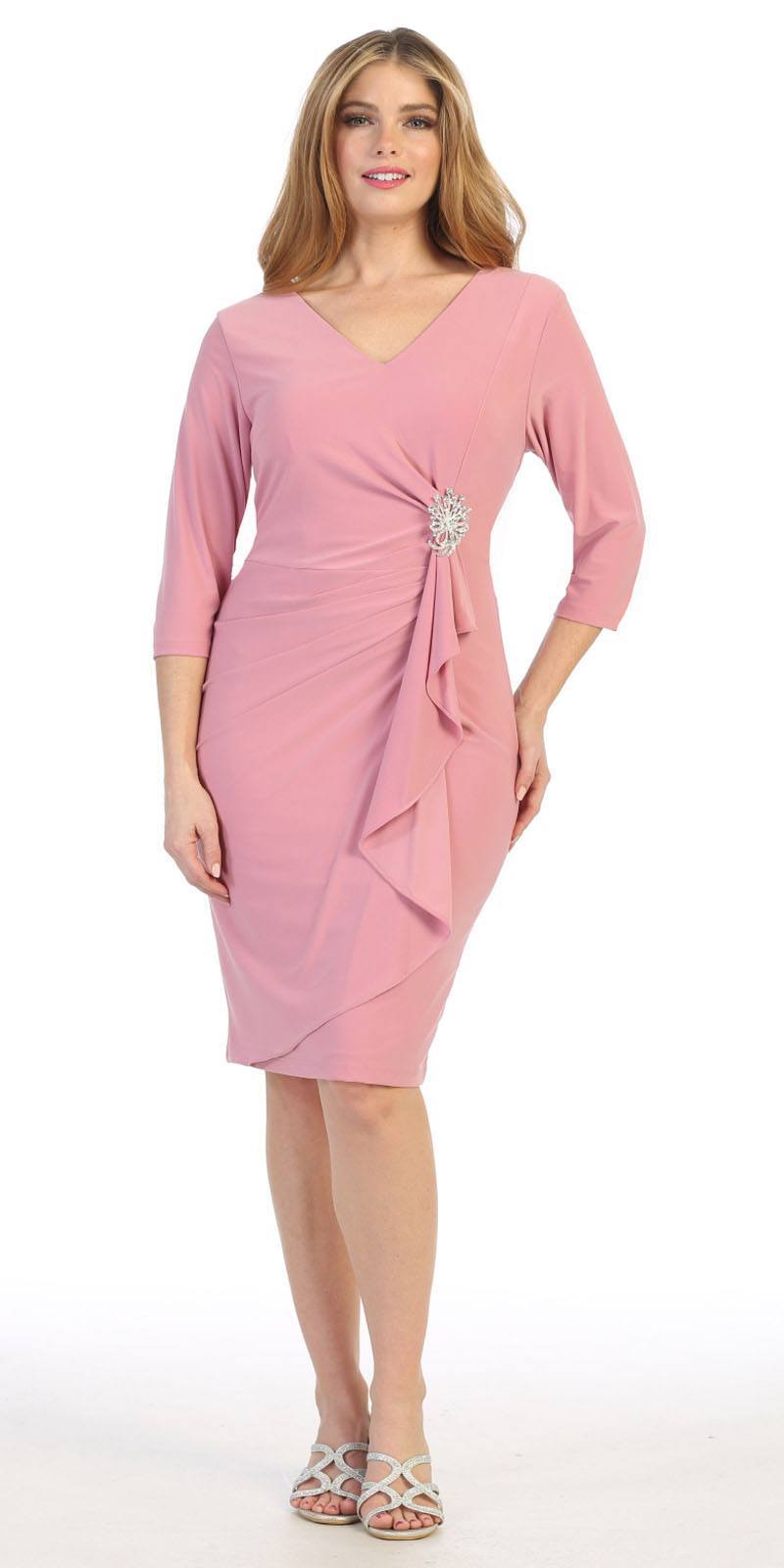 Celavie 6412 Quarter Sleeved Short Formal Dress with Brooch Mauve