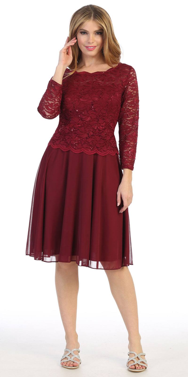 Burgundy Short Wedding Guest Dress with Quarter Sleeves