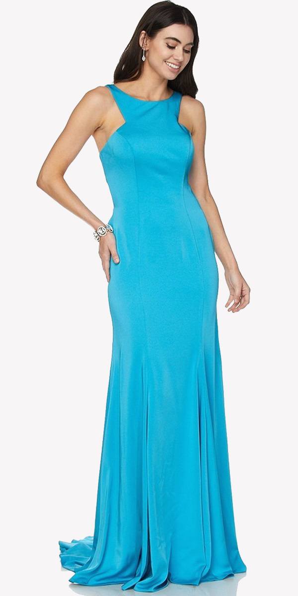 Turquoise Fit and Flare Evening Gown Cut Out Back with Ruffles