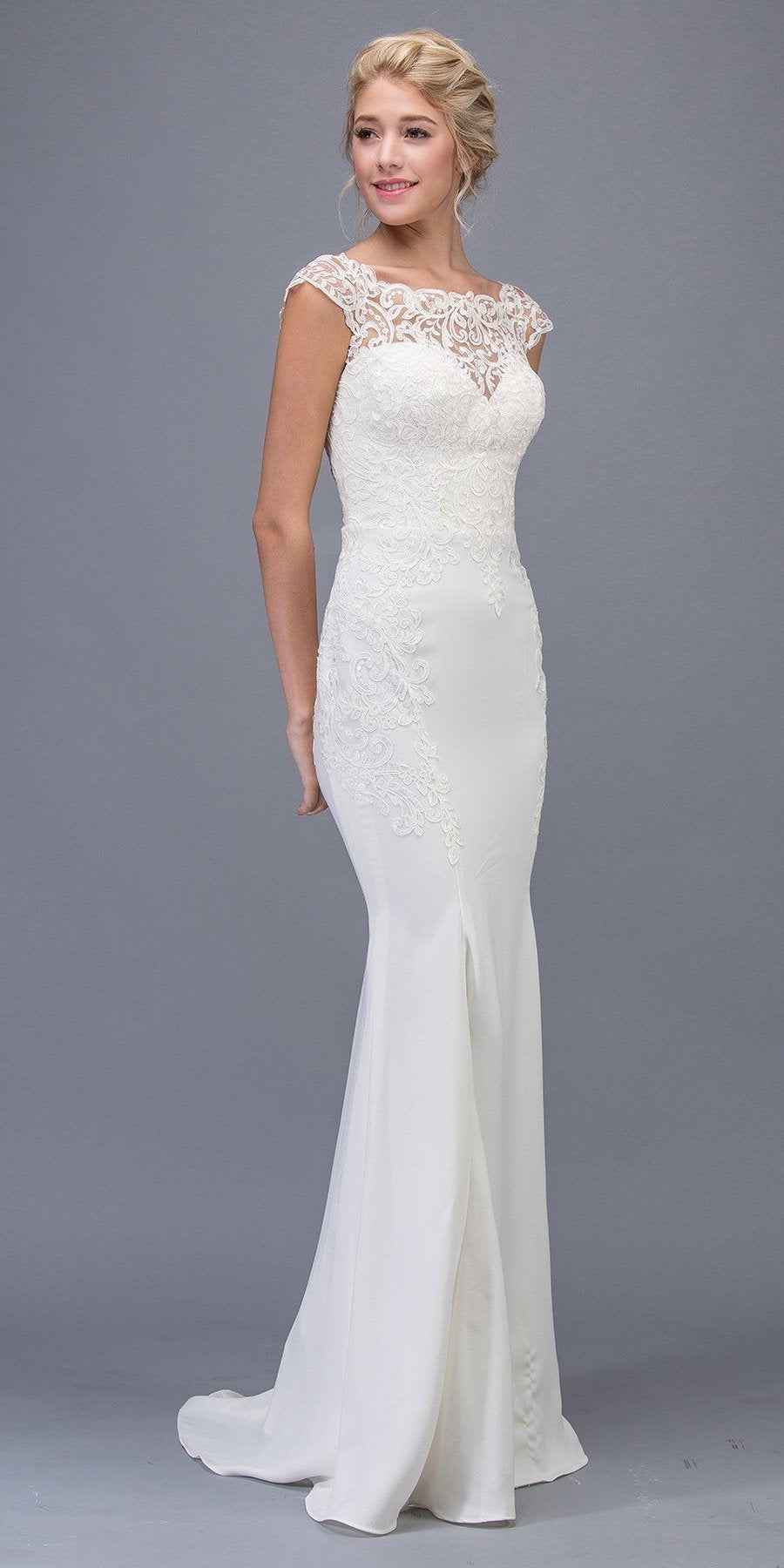 Lace Cap Sleeved Mermaid Wedding Gown White