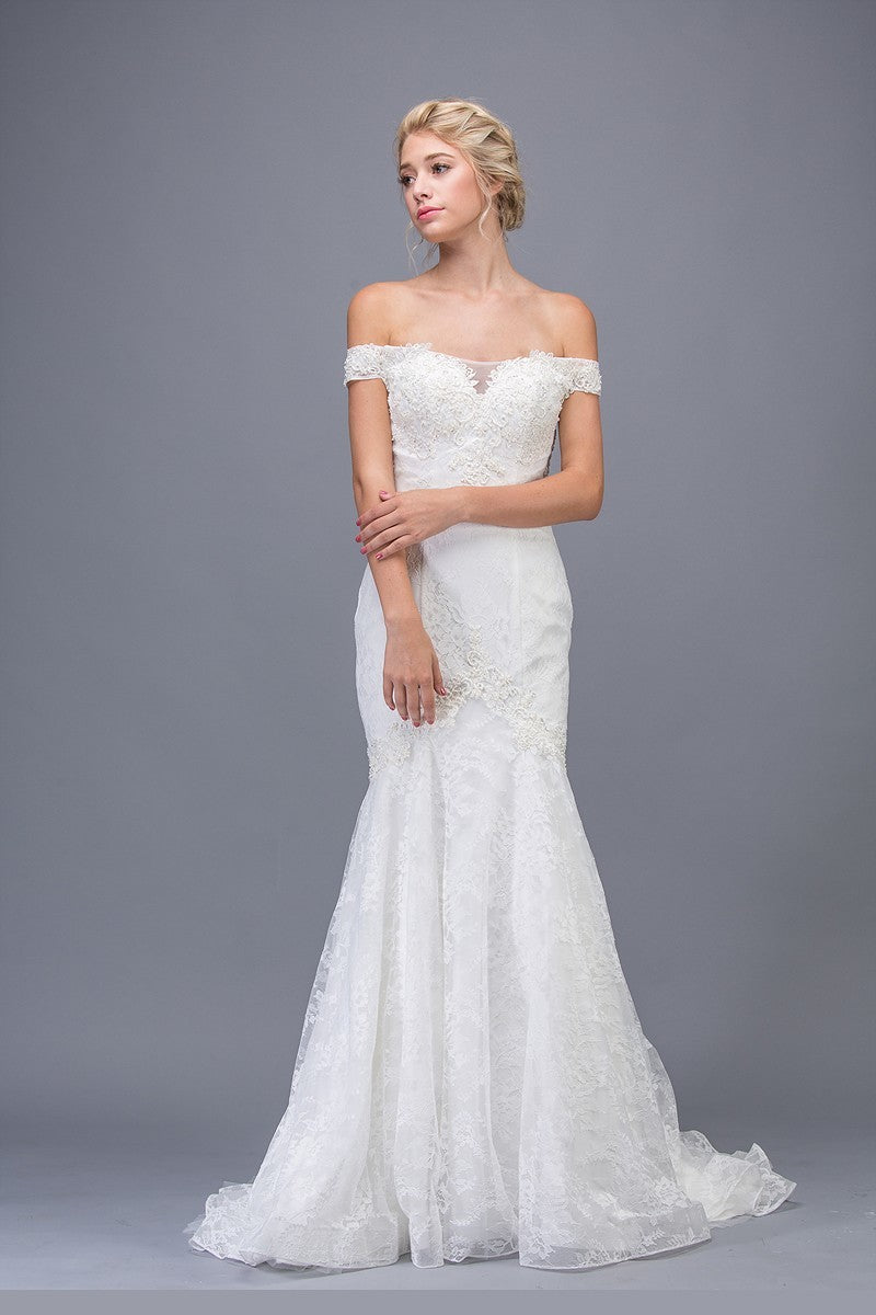 Off-the-Shoulder Lace Mermaid Wedding Gown Off White
