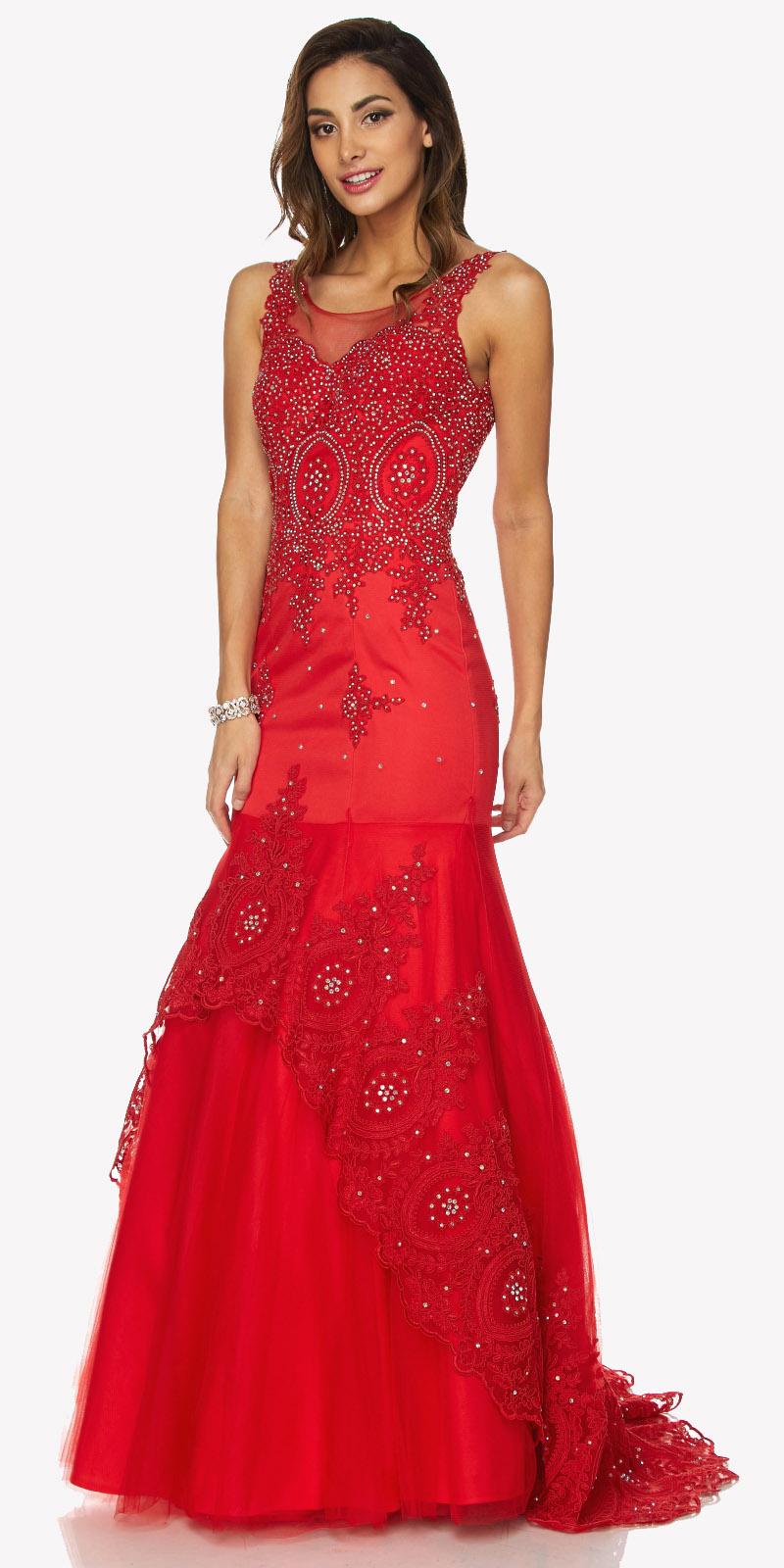 Red Floor Length Mermaid Evening Gown Lace Up Back Embroidered