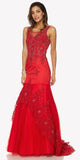 Red Floor Length Mermaid Evening Gown Lace Up Back Embroidered