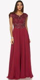 Cap Sleeves Beaded Bodice A-line Long Formal Dress Burgundy