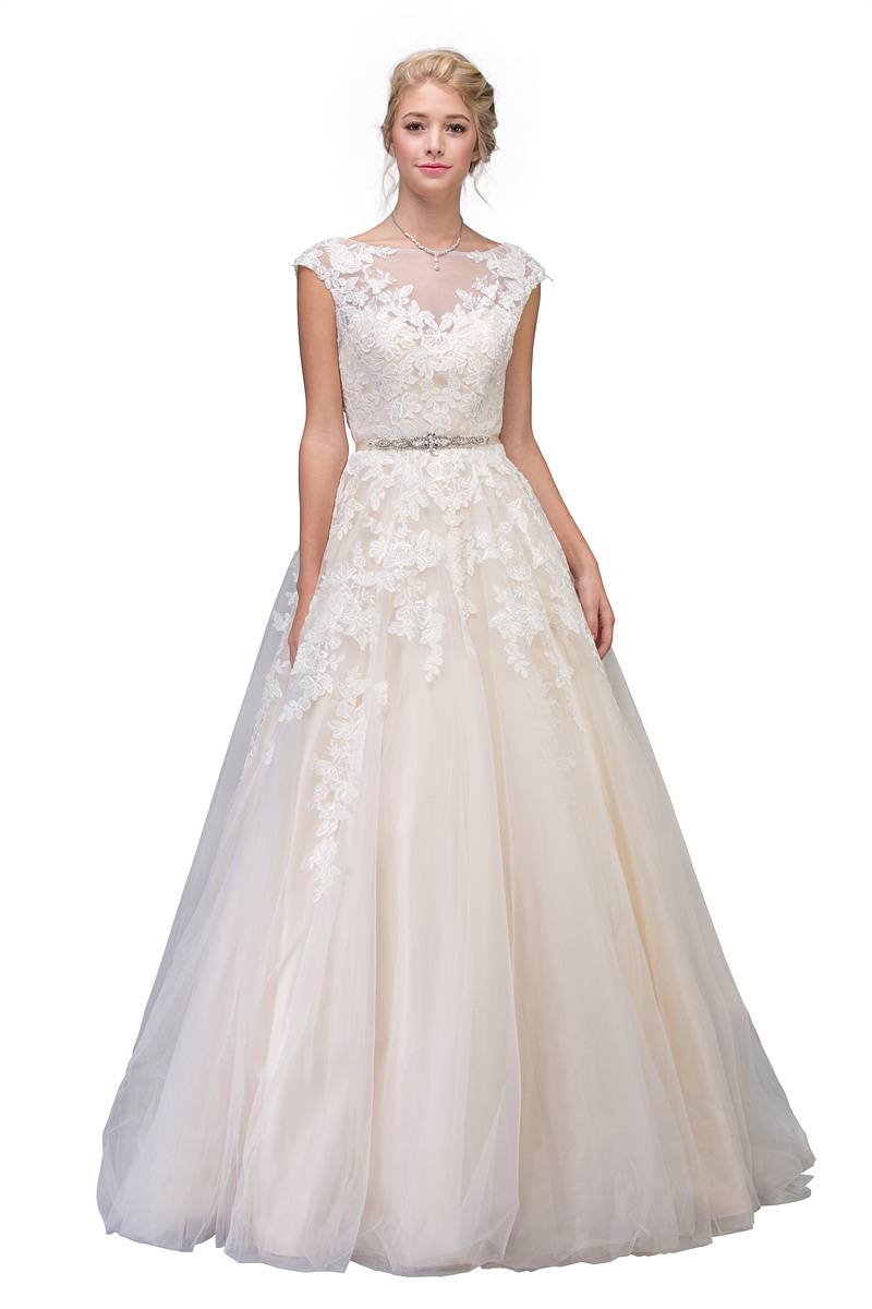 Cap Sleeved Wedding Gown Bateau Neck with Appliques Off White