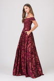 Off-Shoulder Burgundy Long Prom Dress with Pockets