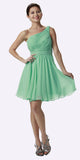 One Shoulder Chiffon Short Mint Bridesmaid Dress Ruched Bodice