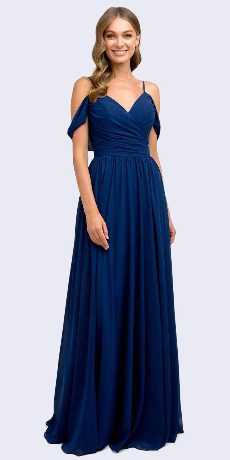 Juliet 676 Floor Length Navy Blue Cold-Shoulder Semi Formal A-line Dress