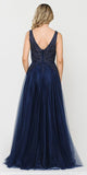 Navy Blue V-Neck Embellished Long Prom Dress