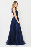 Navy Blue V-Neck Embellished Long Prom Dress