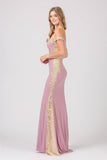 Dusty Rose/Gold Off-Shoulder Long Prom Dress with Lace Trim