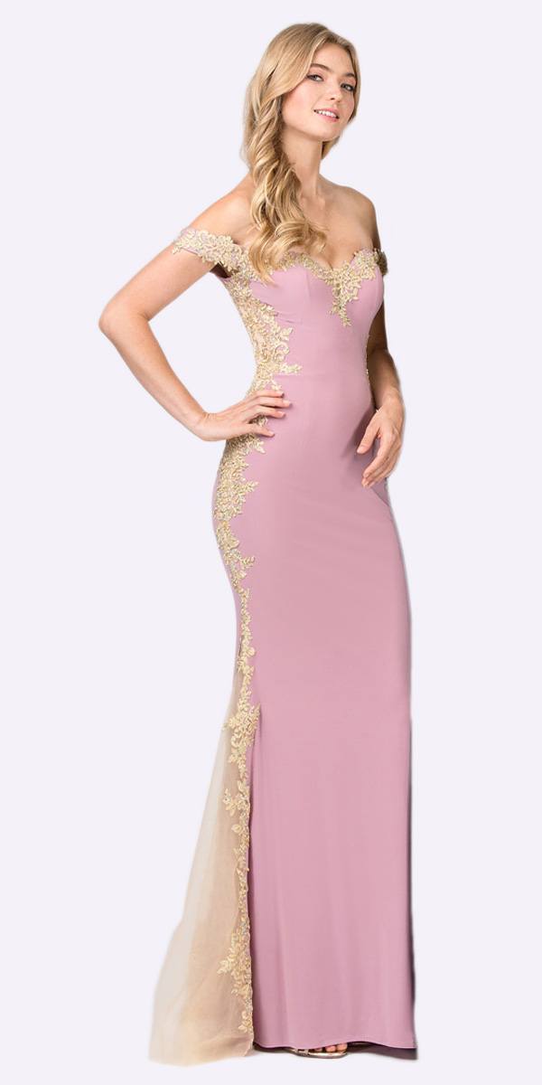 Dusty Rose/Gold Off-Shoulder Long Prom Dress with Lace Trim