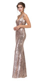 Floor Length Sequin Prom Dress V-Neck with Sheer Inset Rose Gold