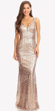 Floor Length Sequin Prom Dress V-Neck with Sheer Inset Rose Gold