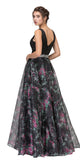 Black Floor Length Floral Printed Prom Gown V-Neck Embellished Waist Back View