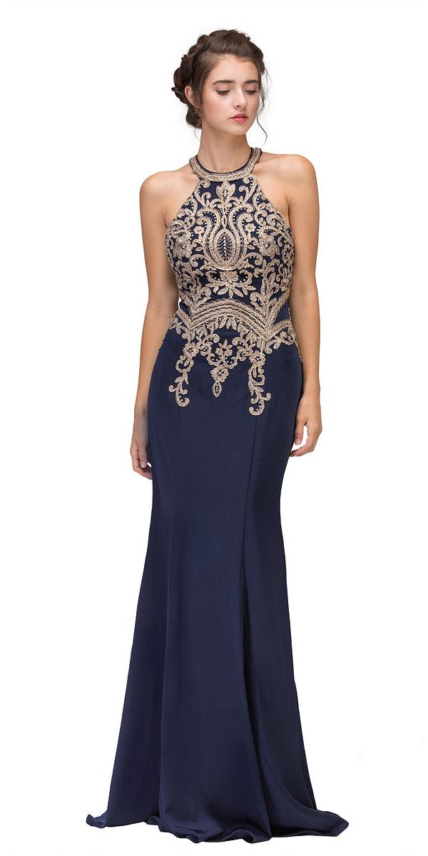Navy Blue Embroidered Mermaid Long Prom Dress Racer Back