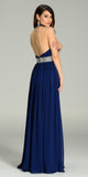 Poly USA 7248 Long Chiffon Formal Column Gown Navy Blue Halter Rhinestone Waist Back View