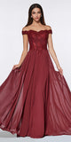 Cinderella Divine 7258 Off The Shoulder Long Chiffon Gown Burgundy