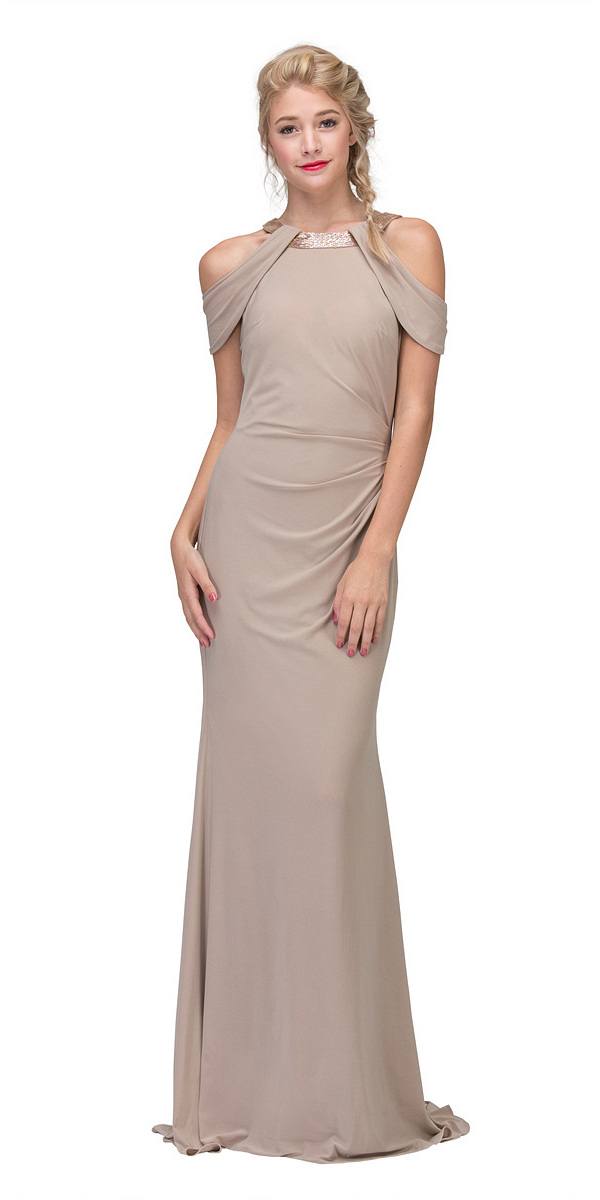 Beige Cold-Shoulder Floor Length Formal Dress Ruched