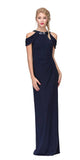 Navy Blue Cold-Shoulder Floor Length Formal Dress Ruched