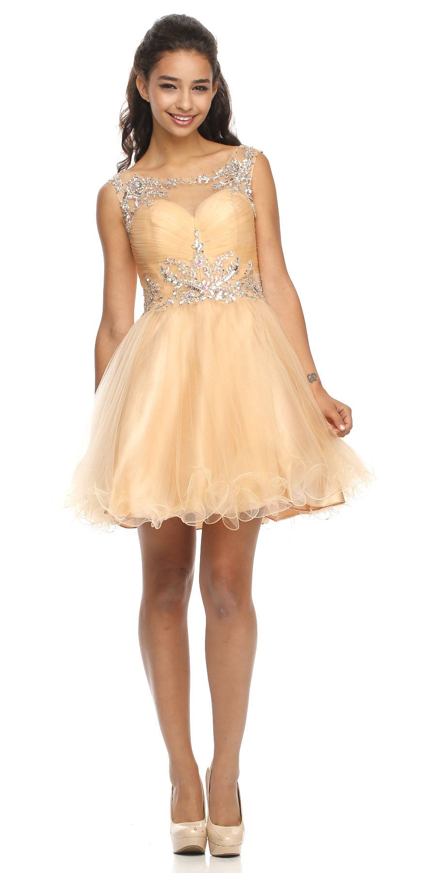 Cap Sleeve Baby Doll Dress Gold Short A Line Poofy Tulle Back
