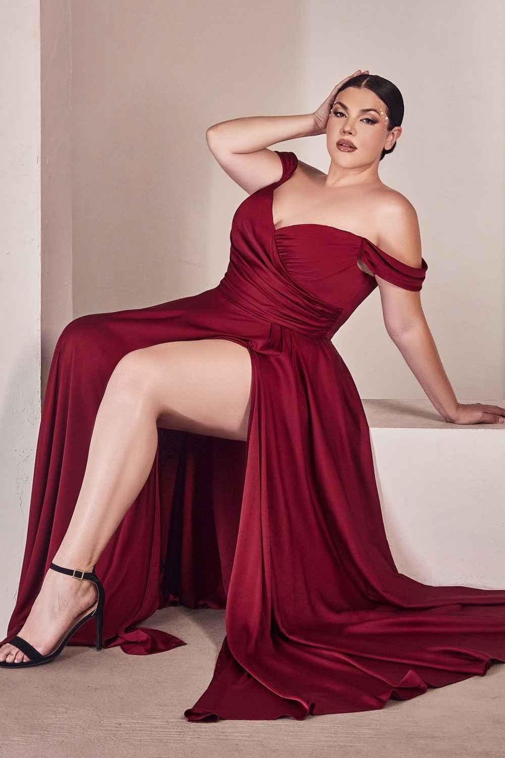 CLEARANCE- Cinderella Divine 7493C Long A-Line Off the Shoulder Burgundy Dress (Size 20)