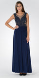 Illusion Scoop Neck Sheer Beaded Bodice Prom Dress Navy Blue Long