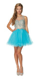 Juliet 761 Turquoise Short Prom Dress Embellished Bodice with Keyhole