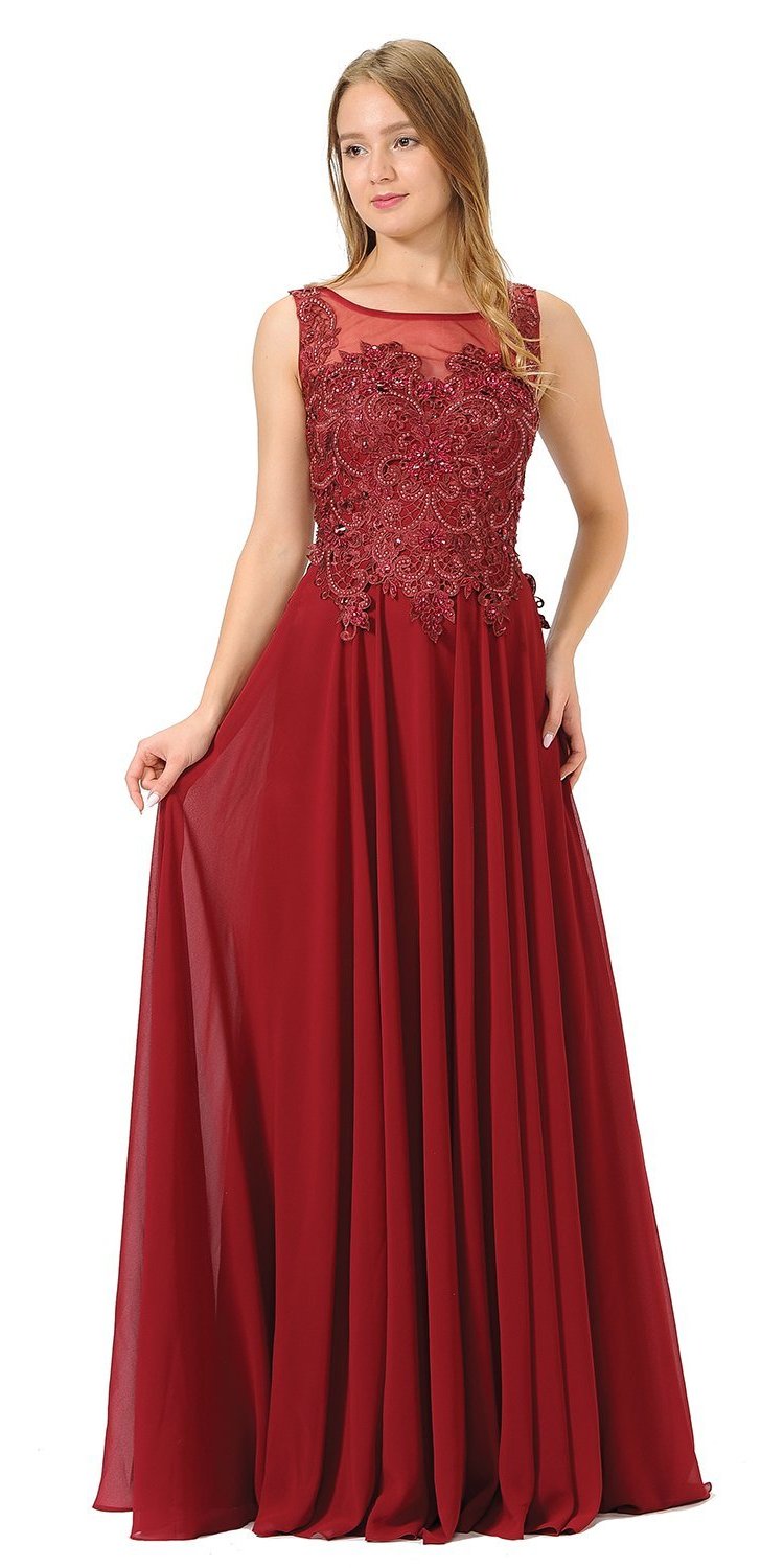 Poly USA 7644 Appliqued Illusion Bodice Burgundy Long Formal Dress Sleeveless