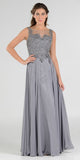 Poly USA 7644 Appliqued Illusion Bodice Silver Long Formal Dress Sleeveless
