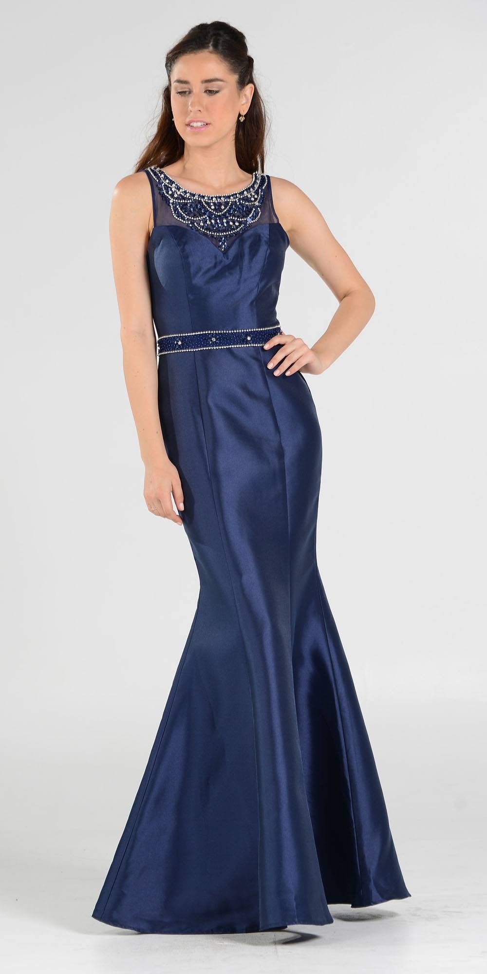Navy Blue Illusion Beaded Neckline Long Mermaid Prom Dress Mikado