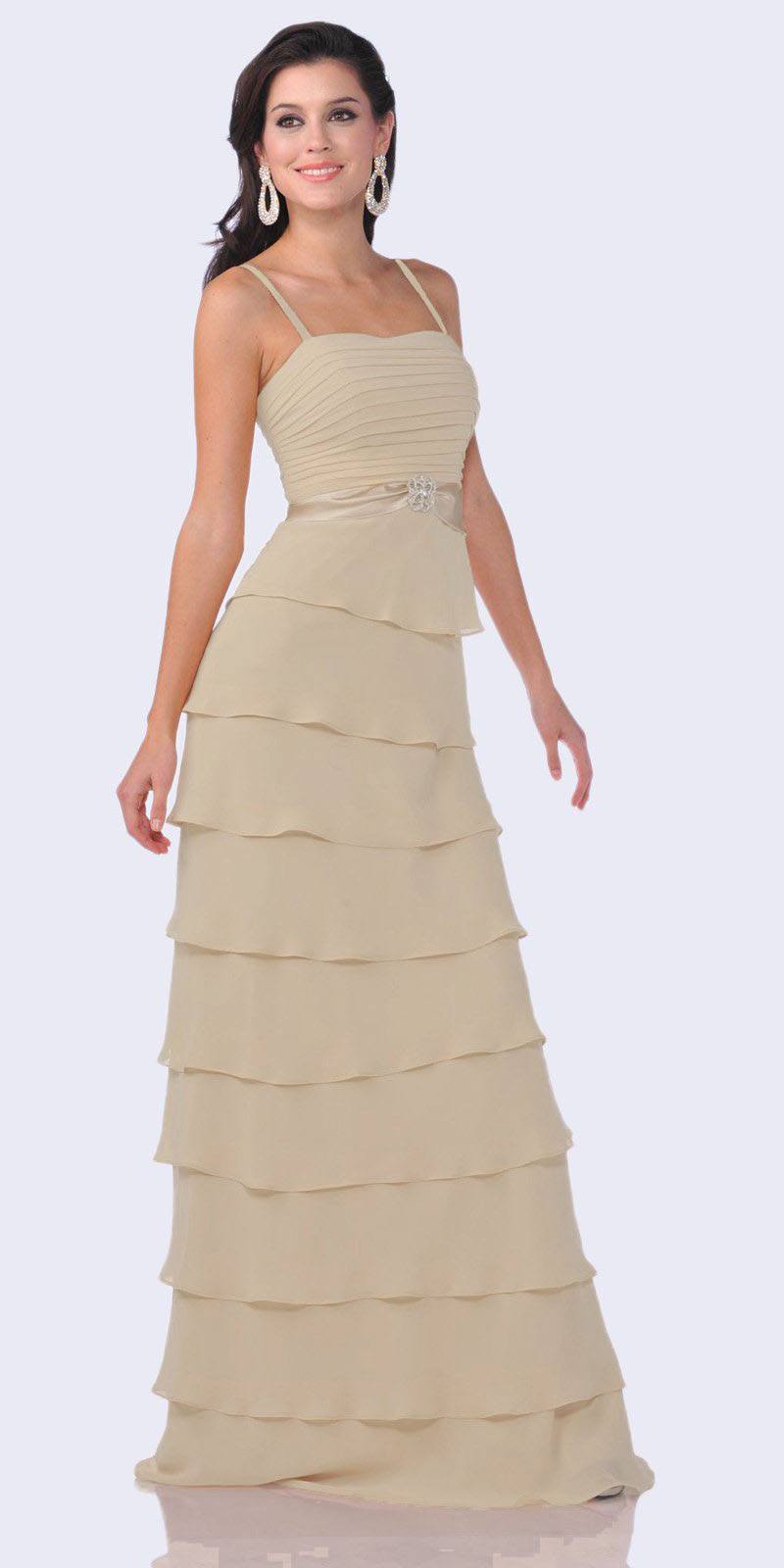 Cinderella Divine 7731 Modest Floor Length Gold Formal Dress Tiered Skirt Layered Jacket
