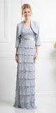 Modest Floor Length Silver Formal Dress Tiered Skirt Layered Jacket