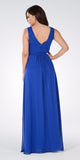 Royal Blue V-Neck Shirred Bodice Embellished Waist Formal Dress