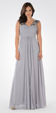 V-Neck Embellished Pleated Bodice Empire Waist Formal Dress Long Gray